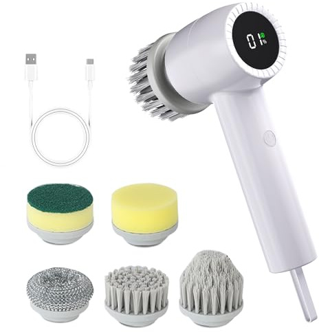 JTF Spazzola Elettrica per Pulizia Casa con 5 Spazzola (Bianco) | Spazzola Elettrica Rotante per Cucina,Piatti,Pavimento,Bagno,2 Velocità,Schermo a LED