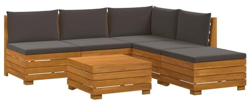 vidaXL Outdoor-Sofagarnitur mit Kissen 6 Stück Braun Massivholz Akazie, Akazienholz-Sofa, UV-beständiger Lounger, wetterfeste Couch, modulare Sitzgelegenheit für Gartenmöbel