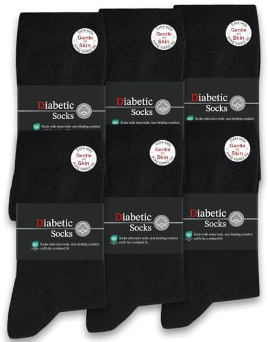 SockWaddles Diabetic Socks for Men Women, 6 Pairs Soft Top Cotton Crew Socks – Seamless Design for Swollen Feet & Ankles, Loose Comfort Fit, Black 9-11