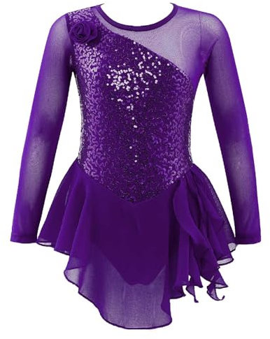 inlzdz Body da Pattinaggio Artistico Bambina Abito con Manica Lunga in Paillettes Vestito da Danza Classica Tuta da Ginnastica Leotards Danza Ballo Balletto Dancewear A Viola 8 Anni