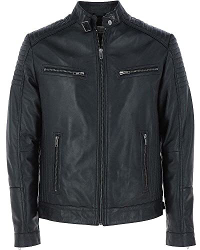 Diffusion Men's Biker Leather Jacket - Zipped Motorcycle Style Coat - BLACK (XXL)