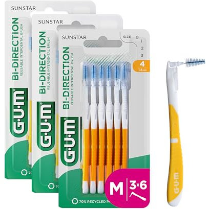 GUM BI-DIRECTION Zwei-Winkel-System Interdentalbürsten | 90 Grad Positionierung | Zahnreinigung und Plaque-Entfernung | 1.4mm, ISO 4 | Größe M | 3x6 Packung