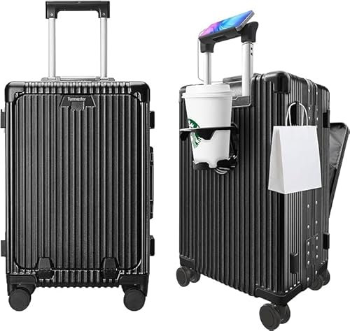 Turmaster Patented Airline Genehmigt Handgepäck mit Spinner-Rädern, 20 Zoll Koffer mit Aluminiumrahmen, integriertes TSA-Schloss, mit USB-Anschluss & Tasse, Handy-Halterung Reisekoffer (Schwarz)