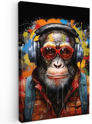 MuchoWow© Bilder Groß 80x120 cm XXL Wohnzimmer Deko Modern Wandbild Foto auf Leinwand Bild Schlafzimmer Room Decor Geschenke Banksy - Street Pop Art - Affe - Graffiti - Brille - Kopfhörer - Farben