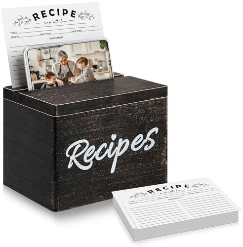 Hoteam Rezeptbox aus Holz mit Karten und rustikalem Holz-Rezeptkartenhalter mit 50 Stück 12,7 x 17,8 cm Rezeptkarten-Set Bauernhaus Rezeptorganisationsbox mit zwei Schlitzen für Telefon Küche