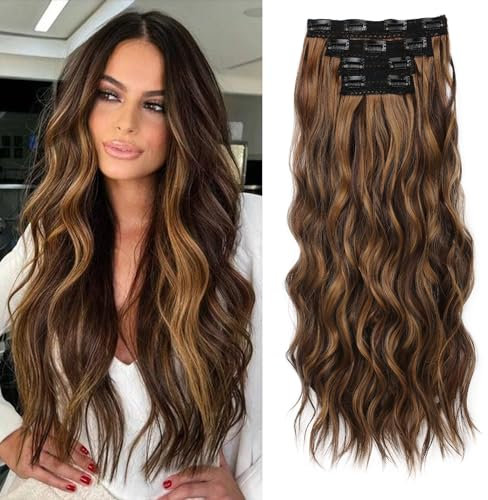 REECHO Clip in Extensions, 4PC Hair Extensions Clip in Haarverlängerungen 60 cm Dicke Lange Strandwellen Haarteile - Dunkles Schokoladenbraun mit goldenen Strähnchen