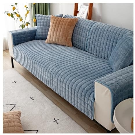 HonunG Kariertes Flanell Schonbezug Sofa, Sofabezug L Form 1 2 3 4 Sitzer,Sofa Überwurf Sofa Cover Ecksofa Weich Dick Anti-Rutsch-Design Sofa Auflage Couch Überzug (Grau Blau,45×45cm Kissen)