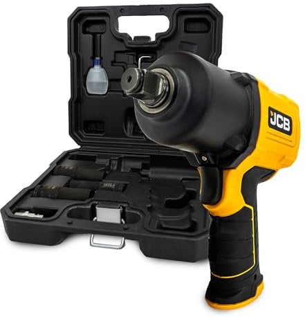 JCB ½” Air Impact Wrench Kit with Socket Set, 1450Nm Heavy-Duty Torque, 7000rpm, Includes 17/19/21mm Impact Wrench, Sockets & Carry Case