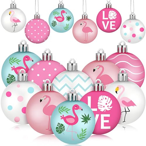 Silipull 24 Stück Sommer-Flamingo-Baumschmuck, Palmen-Flamingo-Baumschmuck, hängende Ornamente, Kugel-Dekorationen für Urlaubsparty