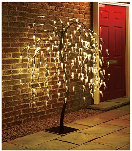 Homme Concept - 5ft Solar Powered LED Weeping WIllow Tree with Metal base and pegs, Artificial Trees Outdoor, Solar Garden Ornaments, Solar lights Outdoor, Garden Decoration Pathway Lights.