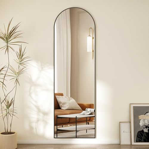 Hopibath 150 x 50 cm minimalistische Rahmen Standspiegel Ganzkörperspiegel, Schwarz Metallrahmen Rundbogen Wandspiegel Stehspiegel Standspiegel für Schlafzimmer, Wohnzimmer, Flur und Garderobe