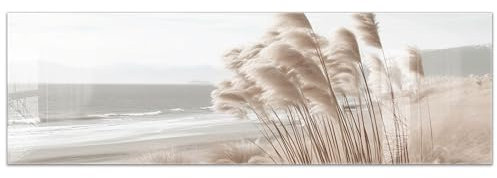 timalo Küchenbild aus Acrylglas modernes Wandbild Glasbild Deko Küche XXL Bild wie Glas | 160x50cm Natur & Strand – Pampasgras, Meer, Sanddünen, Beige Töne, Boho