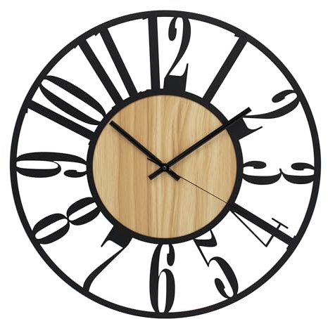 K&L Wall Art große MDF Holz Wanduhr XL Industrielle Metalluhr Vintage Wohnzimmeruhr lautlos Quartz Uhrwerk ohne Tick-Geräusche (Ahorn Holzoptik, Ø 50cm)