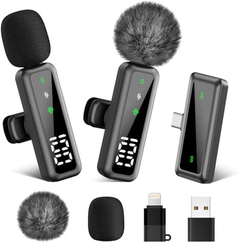 Wireless Mini Lavalier Lapel Microphone 2 Pack, 2.4Ghz Noise Cancelling Clip-on Mic,USB-C/USB-A Lightning Compatible for Vlogging, TikTok, Singing, YouTube Video Recording,Plug-Play