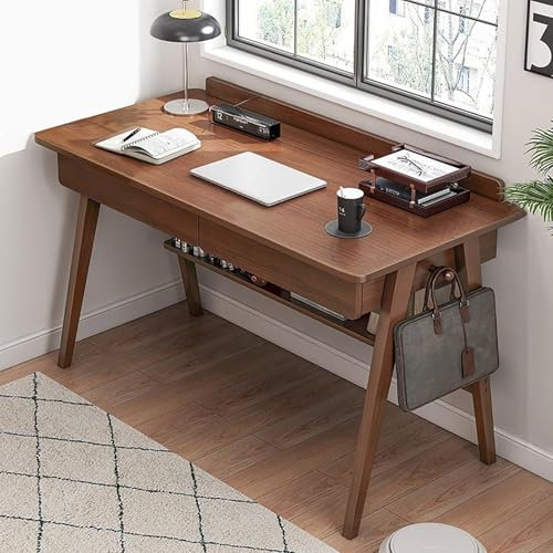LAITEGOG Schreibtisch aus Massivholz, Mid-Century Modern Schreibtisch, Home-Office-Schreibtisch mit Schubladen und Regalen, Arbeitstisch PC-Tisch-Arbeitsplatz for kleine Räume(Brown,100cm/39.3inch)