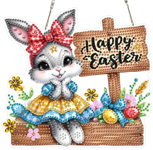 MXJSUA Diamond Painting Anhänger mit Kette Erwachsene, Diamant Painting Fensterbilder Hängende Ornament Bastelset Set für Wand Und Eingang Decor 20x20CM （Osterhase）