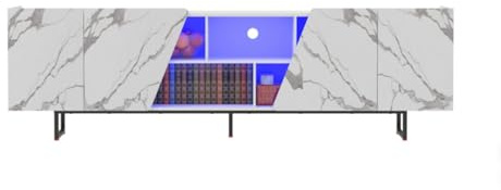 JYNVO Mueble de TV con efecto mármol, 220 cm, con iluminación LED, puertas de armario inclinadas, amplio almacenamiento con compartimentos abiertos y ocultos, para sala de estar