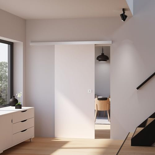 inova weiße Design Holzschiebetür 880 x 2035 mm Aluminium Komplettset mit Laufschiene und Quadratgriff Innentür