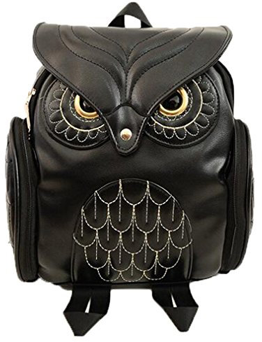 LONGWEI Eulen Rucksack für Damen Frauen PU Leder Rucksack Mädchen Eule Daypack Kleiner Lederrucksack (Schwarz)