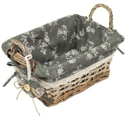 Woodluv Vintage Floral Rectangular Wicker Storage Basket With Side Handle, Grey