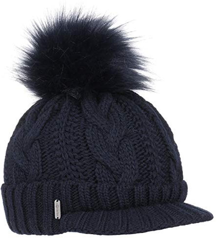 McBURN Britta Cable Knit Peak Pull On Mütze Bommelmütze Wintermütze Strickmütze Damen - Made in Italy mit Schirm, Futter, Futter Winter Herbst-Winter - One Size dunkelblau