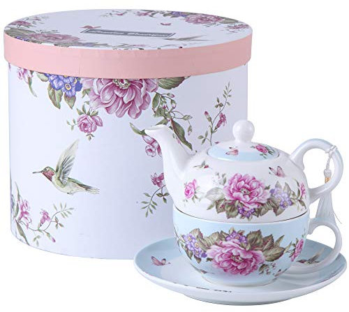 London Boutique Juego de té para una Tetera de Porcelana con diseño de Flora y pájaros, Color Azul