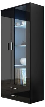 Standvitrine 2D2S Soho S6, Vitrine, Glasvitrine, Farbauswahl, Vitrinenschrank, Hochschrank, Stauraumvitrine, Wohnzimmer Highboard Schrank (Schwarz / Schwarz Hochglanz, mit weißer LED Beleuchtung)