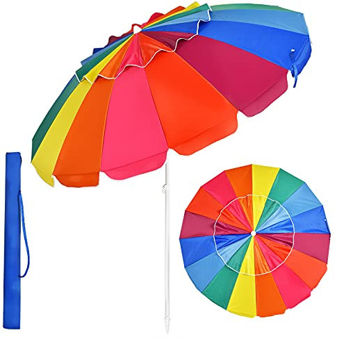 GOPLUS Ombrellone da spiaggia con 16 stecche in fibra di vetro, ombrellone da mare con palo in ferro e lega di zinco da 2,43 m, con Borsa di Trasporto (Colori dell'arcobaleno)
