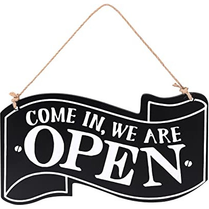 Cartel Abierto Cerrado para Tienda 14x25cm Letrero de Placa de Madera Letrero Madera Decorativo Signo de Madera Colgante Doble Cara Come In We Are Open Come Again We Are Closed para restaurante Negro