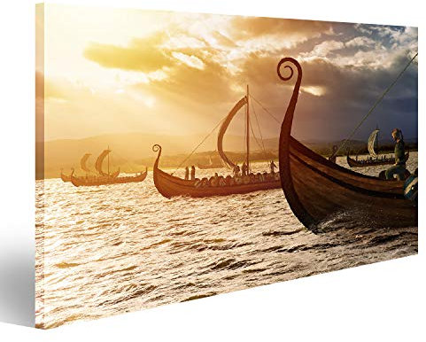 Bild auf Leinwand Wikinger Schiffe Auf Dem Wasser Unter Dem Sonnenlicht Und Dunklen Sturm Invasion Im Sturm Wandbild Poster Kunstdruck Bilder