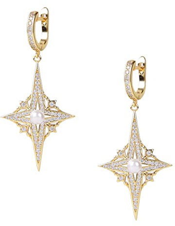 TEZCRT Creolen Damen Ohrringe, Zirkonia Creolen mit Stern Anhänger für Frauen und Mädchen mit 18K Gold vergoldet, Schmuck Geschenk für Damen