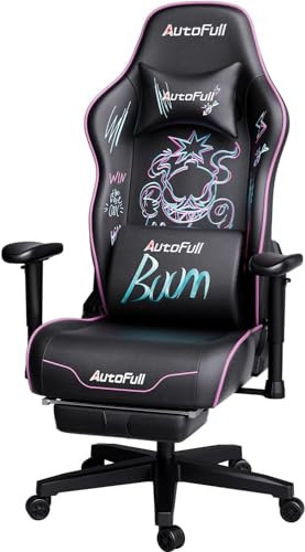 AutoFull Graffiti - Silla de Oficina ergonómica, oscilación Ajustable, Resistente al Desgaste, de Piel sintética súper Suave, con Bordado, Soporte Lumbar y reposapiés, Color Morado