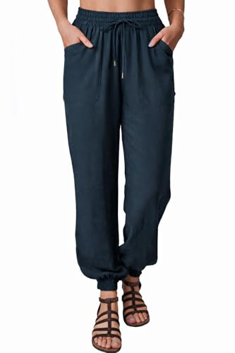 Nuofengkudu Womens Cuffed Baggy Harem Trousers with Pockets Drawstring Hippie Ankle Tapered Soft Plain Pants Genie Pantaloons Lounge Wear Yoga Solid Work Summer Bottoms Casual Pyjamas-Navy Blue-XL