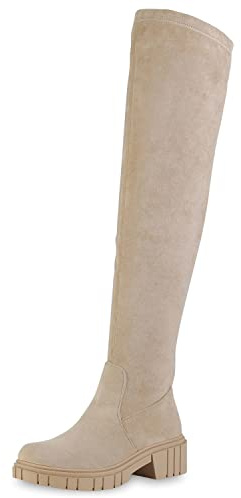VAN HILL Damen Leicht Gefütterte Overknees Stiefel Blockabsatz Schuhe Profilsohle Langschaftstiefel Plateau Vorne Freizeit Boots 208740 Beige 37