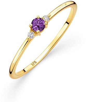OROVI Damen Goldschmuck, Gold Ring mit Amethyst und 2 Diamanten 0.03 ct, Trilogie Ring, Verlobungsring, Edelstein, Gelbgold 9 Karat (375)