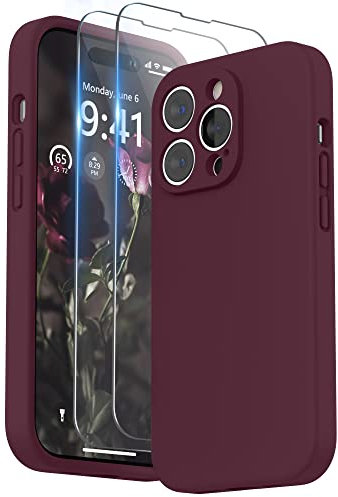 SURPHY Silicone Cover per iPhone 14 Pro 6.1 Pollici, con 2* Vetro Temperato, Custodia Antiurto per iPhone 14 Pro, con Protezione per Ogni Lente Full Body Protettiva Case (Prugna)