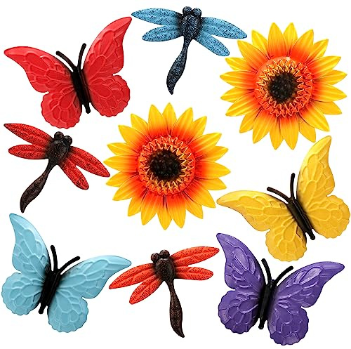 Pumtus 9 Pack Metal Flowers Wall Decor, Small Outdoor Fence Decoration, Butterfly Dragonfly Wall Art Ornament, Hanging Sunflower Animal Sculptures for Garden Patio Backyard Deck Home