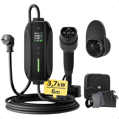 dé Cavo Ricarica Auto Elettrica Tipo 2 Schuko 6m [3,7kW| 6-16A] Colonnina Ricarica Auto Elettrica, Wallbox Portatile con LCD Digitale e Supporto Compatibile con Model 3/Y, Seal U e Altri EV/PHEV