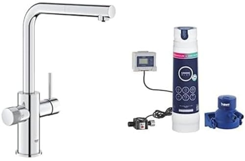 GROHE Blue Pure Minta Kitchen Sink 3 Ways Pull Out Mixer Tap with Under Sink Water Filter Magnesium & Zinc Filter Starter Set (High L-Spout 360°, Tails 3/8 Inch, Capacity 400 L, Easy to Fit), Chrome