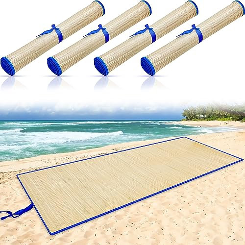 Qunclay Lot de 4 tapis de plage en paille imperméables, antidérapants, pliables et légers avec bordure pour camping, bain de soleil, pique-nique, yoga (bleu, 152,4 x 83,4 cm)