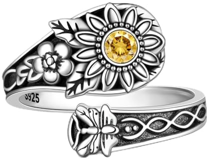 Hioed Spoon Rings for Women - Sterling Silver Sunflower Rings Vintage Antique Adjustable Boho Flower Thumb Ring, Metal, Cubic Zirconia