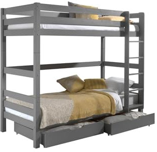 möbelando Etagenbett >Pino< in Kiefer massiv grau lackiert - 210x182x105 (BxHxT)