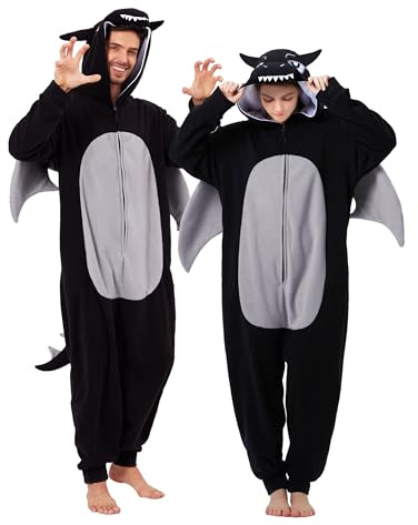dressfan Erwachsene Schwarzer Drache Onesie Kostüm Strampler Pyjama Halloween Karneval Cosplay Kostüm Tier Familie Paar Pyjama Strampler für Damen und Herren