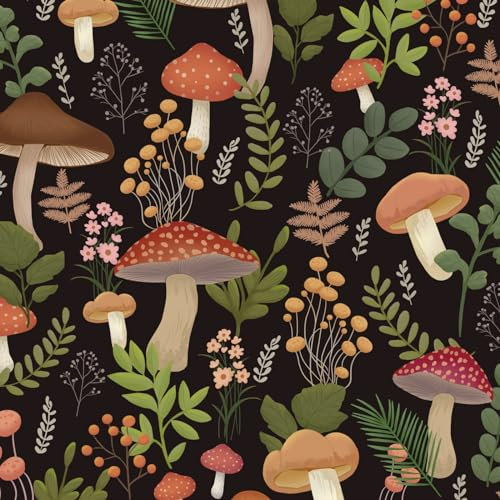 VOLEAAR Mushroom Peel & Stick Boho Floral Wallpaper - Forest, Flower, Leaf Design - Black & Green - 44.5CM x 300CM