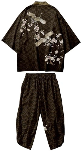 DOSLAVIDA Ensemble cardigan kimono japonais pour homme de style chinois veste et pantalon imprimés à devant ouvert manches trois-quarts haut et short