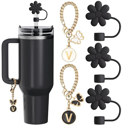 ANLABESY Compatible with Stanley Cup Accessories 3pcs black stanley straw lid ornaments, 2pcs cute letter charms for 30oz and 40oz Stanley tumbler with handle (V)