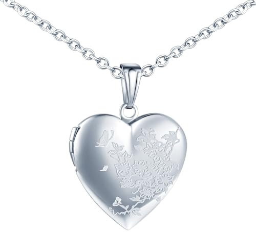 MICMIF Collana Donna Foto Personalizzata Medaglione con Fiori e Farfalle, Acciaio Inossidabile Ciondolo Cuore Medaglione per Foto Portafoto con Catena 50cm Gioielli per Mamma Moglie Fidanzata