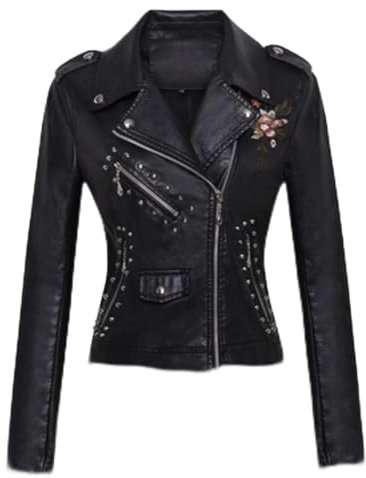Hcclijo Frauen Patchwork Lederjacken Blumenstickerei Nieten Kurzer Abschnitt Pu-Leder Kleine Jacken black M