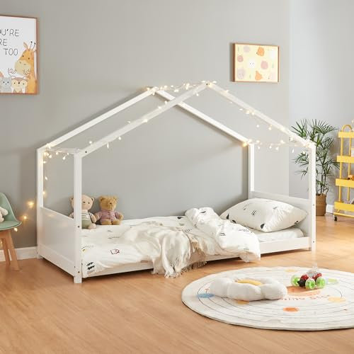 [en.casa] Kinderbett Simo Hausbett 90 x 200 cm Holzbett für Kinder Montessori Bettgestell mit Lattenrost Kiefernholz Weiß