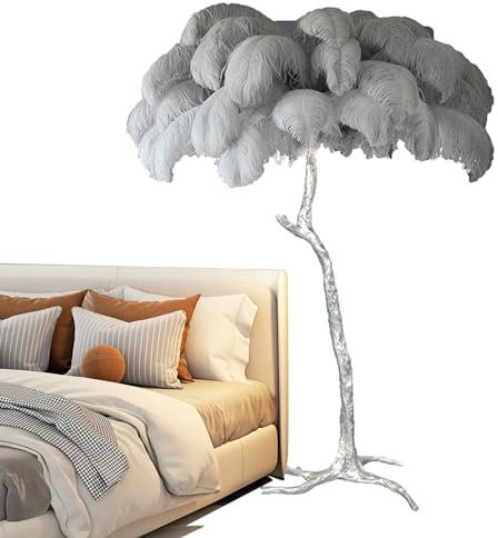 Modern Bedroom Standing Lamp, Natural Ostrich Feather Lamp Romantic Silver Floor Feather Lamps Decorative Lighting for Girl Bedroom